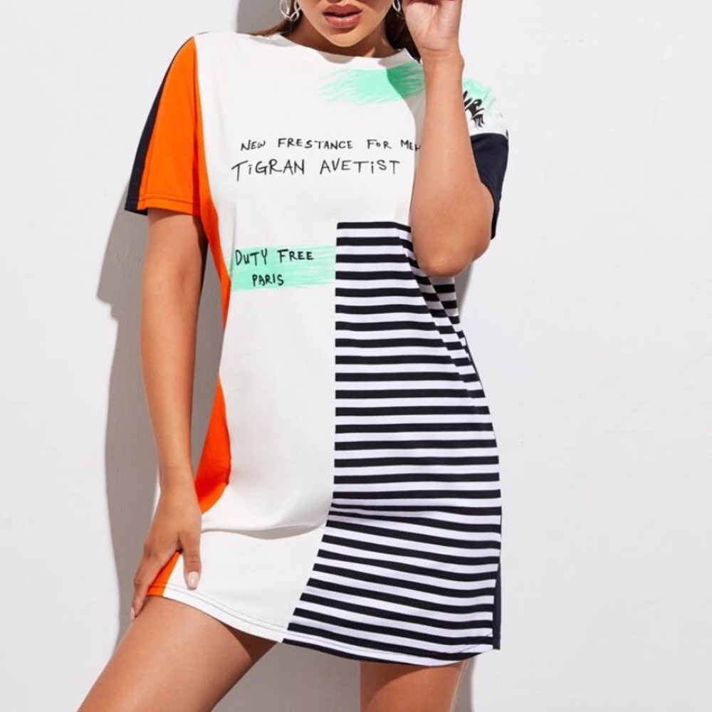 Striped Slogan Colorblock T-Shirt Dress